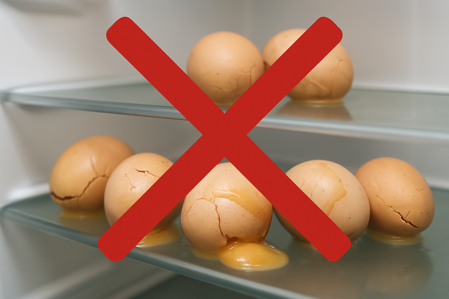 Huevos rotos y abultados en una refrigeradora con una X roja en grande que sobresalga de la foto